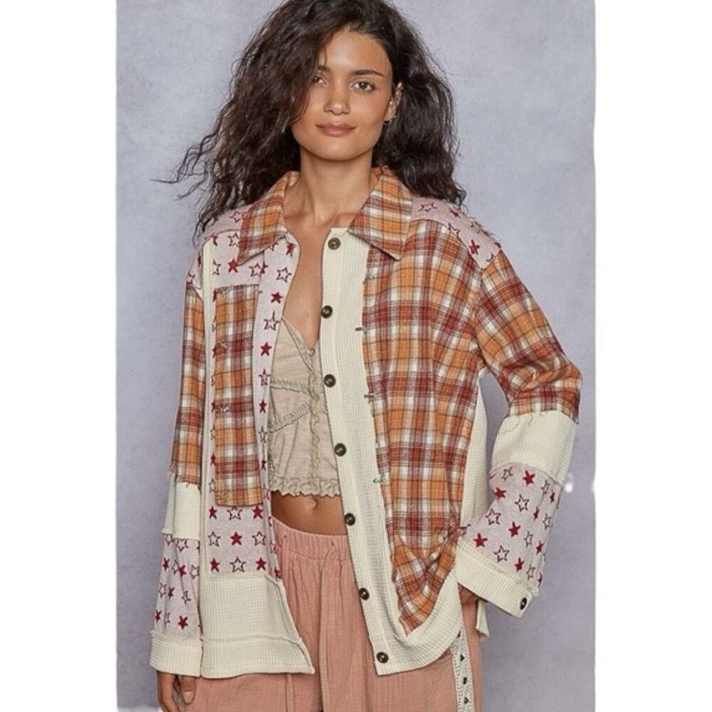 POL Patchwork Shacket Boho Plaid & Star Contrast Long Sleeve Jacket Large NEW - Picture 3 of 10